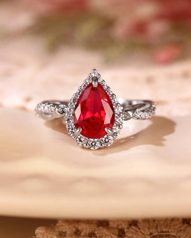 RUBINA Floral Twisted Halo Pear Shaped Ruby Engagement Ring