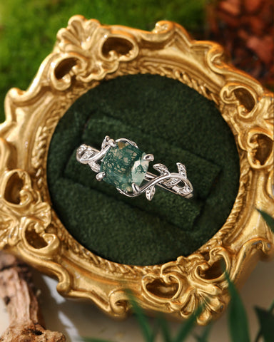 EVERLY Cushion Cut Moss Agate Forestcore Leafy Engagement Ring