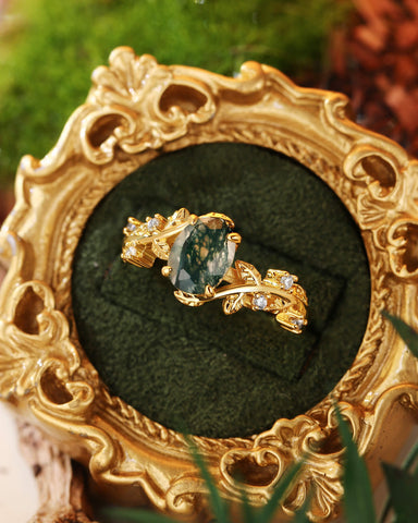 FABIOLA Oval Cut Moss Agate Engagement Ring with Vine Leaf