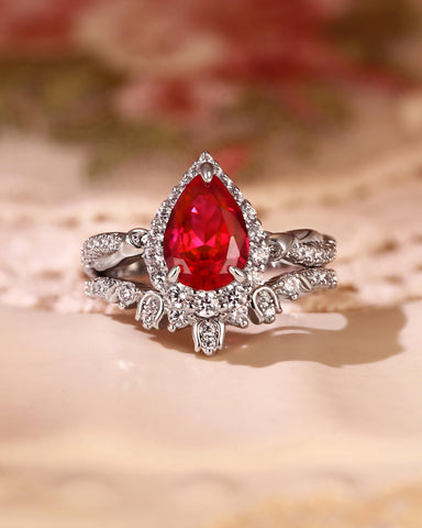 CORALLINE Blossom Tulip Pear Shaped Ruby Engagement Ring Set