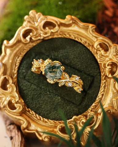 NOREEN Round Cut Moss Agate Vine Fairytale Engagement Ring