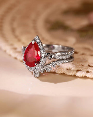 CORALLINE Blossom Tulip Pear Shaped Ruby Engagement Ring Set