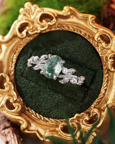 BETTINA Oval Cut Moss Agate Leafy Engagement Ring