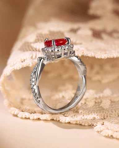 RUBINA Floral Twisted Halo Pear Shaped Ruby Engagement Ring