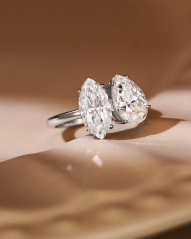 JOY Marquise & Pear Cut Moissanite Two Stone Engagement Ring