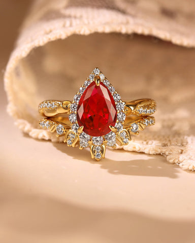 CORALLINE Blossom Tulip Pear Shaped Ruby Engagement Ring Set