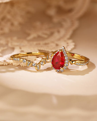 CORALLINE Blossom Tulip Pear Shaped Ruby Engagement Ring Set