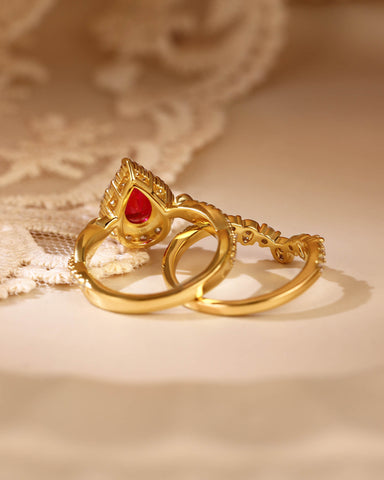 CORALLINE Blossom Tulip Pear Shaped Ruby Engagement Ring Set