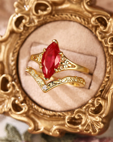SORREL Fleur-De-Lis Vintage Marquise Cut Ruby Engagement Ring Set
