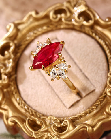 CORAL Unique Cluster Marquise Cut Ruby Engagement Ring