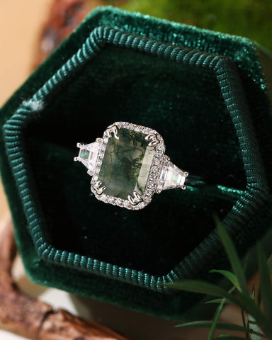 BLYTHE Emerald Cut Moss Agate Vintage Halo Engagement Ring