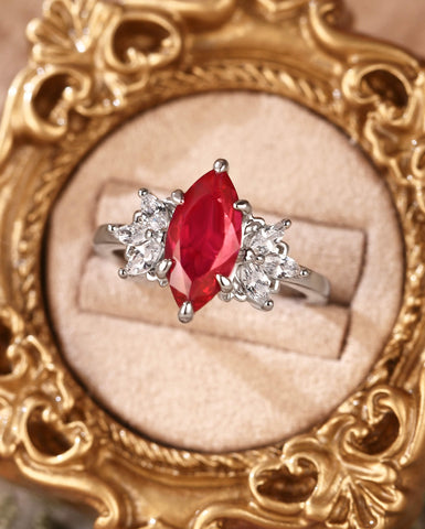 CORAL Unique Cluster Marquise Cut Ruby Engagement Ring