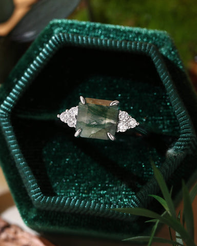 CYRA Square Shape Moss Agate Unique Engagement Ring