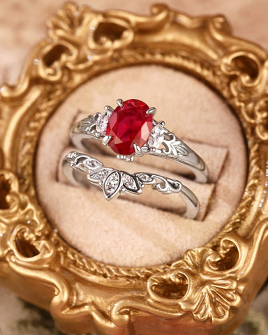 VERMILION Blossom lotus Oval Shaped Ruby Engagement Ring Set