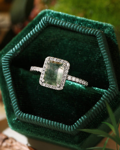 CYBELE Halo Emerald Cut Moss Agate Engagement Ring