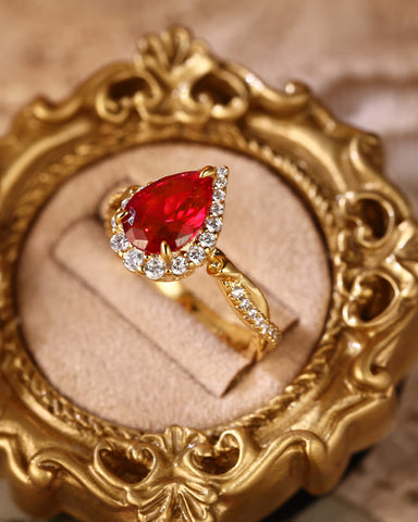 RUBINA Floral Twisted Halo Pear Shaped Ruby Engagement Ring