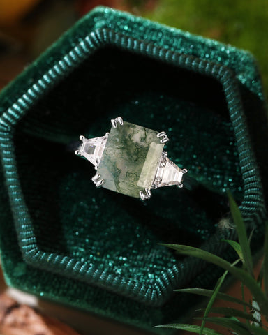 ABELLA Vintage Three Stone Emerald Cut Moss Agate Engagement Ring