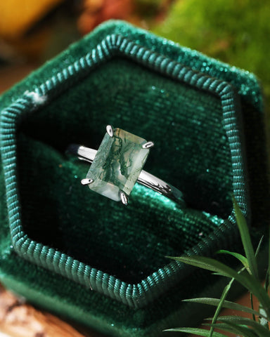 ELAINE Classic Emerald Cut Moss Agate Solitaire Engagement Ring