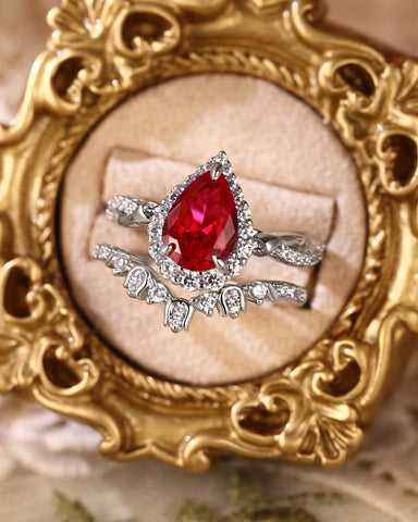CORALLINE Blossom Tulip Pear Shaped Ruby Engagement Ring Set