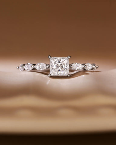 SARA Marquise Accents Moissanite Princess Cut Engagement Ring