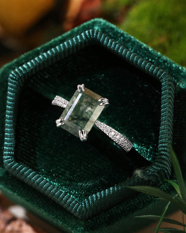 REVERIE Emerald Cut Moss Agate Double Claw Engagement Ring