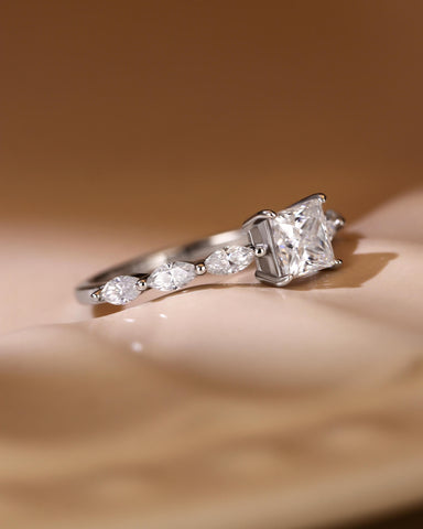 SARA Marquise Accents Moissanite Princess Cut Engagement Ring