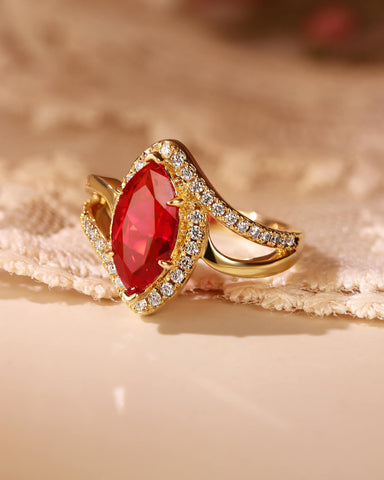 RUFINA Double Sophisticated Bypass Halo Marquise Cut Ruby Engagement Ring