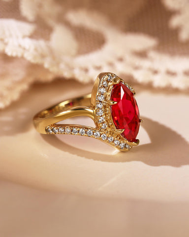 RUFINA Double Sophisticated Bypass Halo Marquise Cut Ruby Engagement Ring