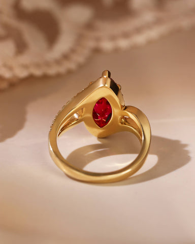 RUFINA Double Sophisticated Bypass Halo Marquise Cut Ruby Engagement Ring