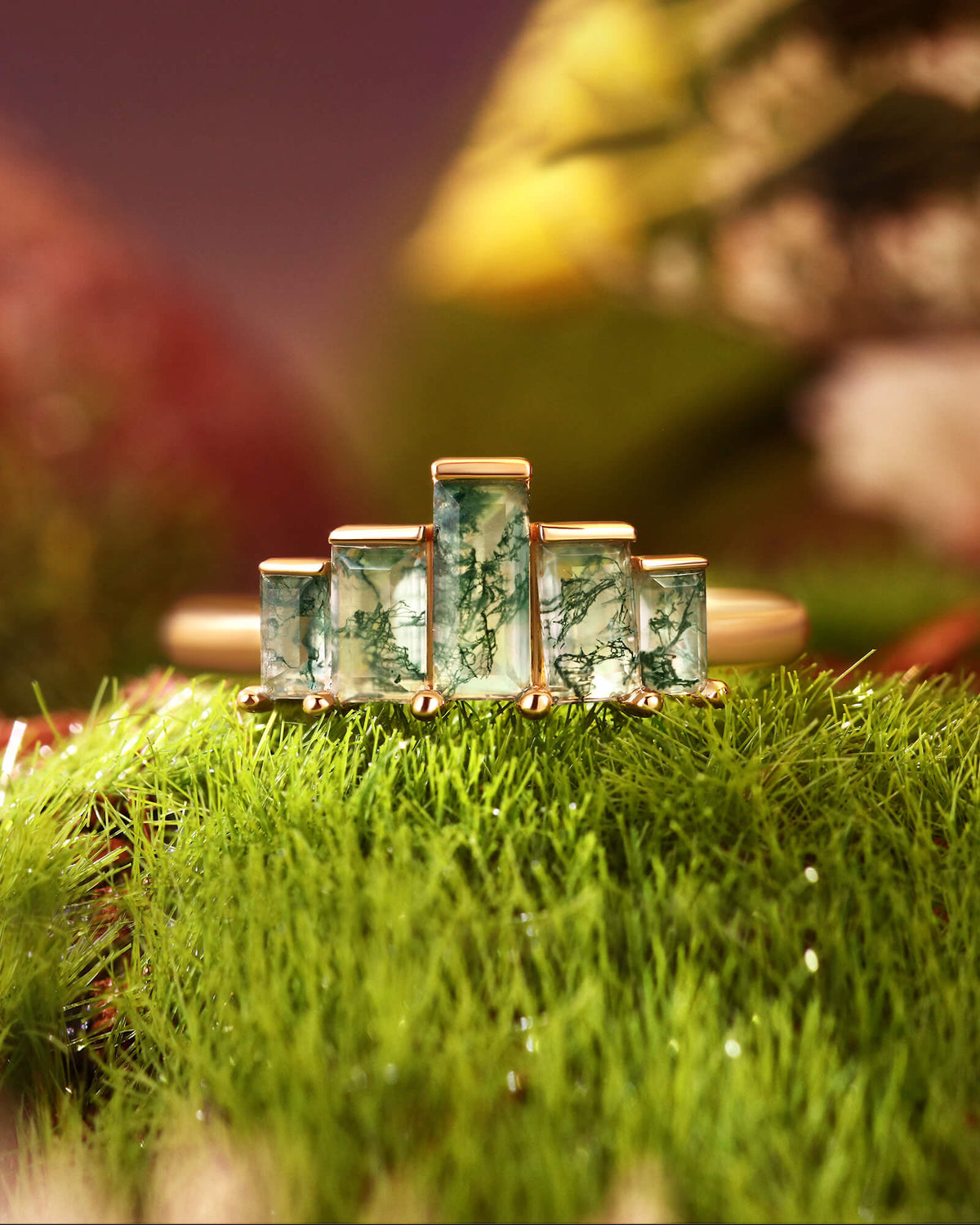 THALLAION Vintage abreast Baguette Moss Agate Engagement Ring