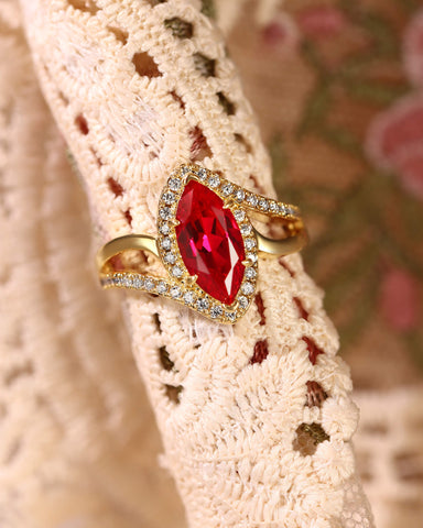 RUFINA Double Sophisticated Bypass Halo Marquise Cut Ruby Engagement Ring