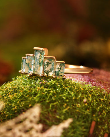 THALLAION Vintage abreast Baguette Moss Agate Engagement Ring