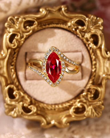 RUFINA Double Sophisticated Bypass Halo Marquise Cut Ruby Engagement Ring