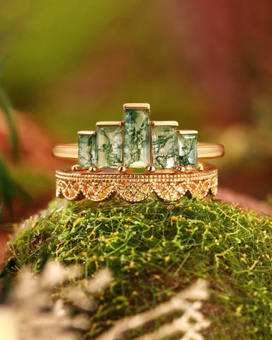 LAPIVERE Elongated Baguette Moss Agate Engagement Ring Set Vintage Bridal Ring