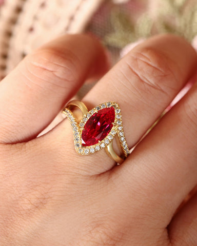 RUFINA Double Sophisticated Bypass Halo Marquise Cut Ruby Engagement Ring