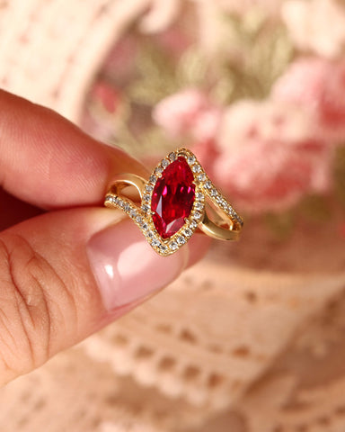 RUFINA Double Sophisticated Bypass Halo Marquise Cut Ruby Engagement Ring