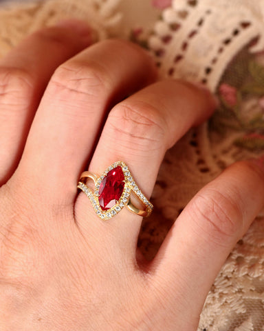 RUFINA Double Sophisticated Bypass Halo Marquise Cut Ruby Engagement Ring