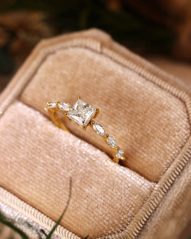 SARA Marquise Accents Moissanite Princess Cut Engagement Ring