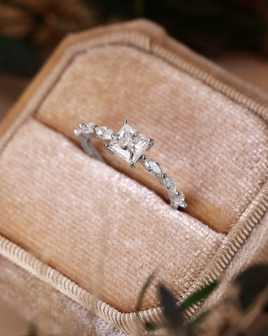 SARA Marquise Accents Moissanite Princess Cut Engagement Ring