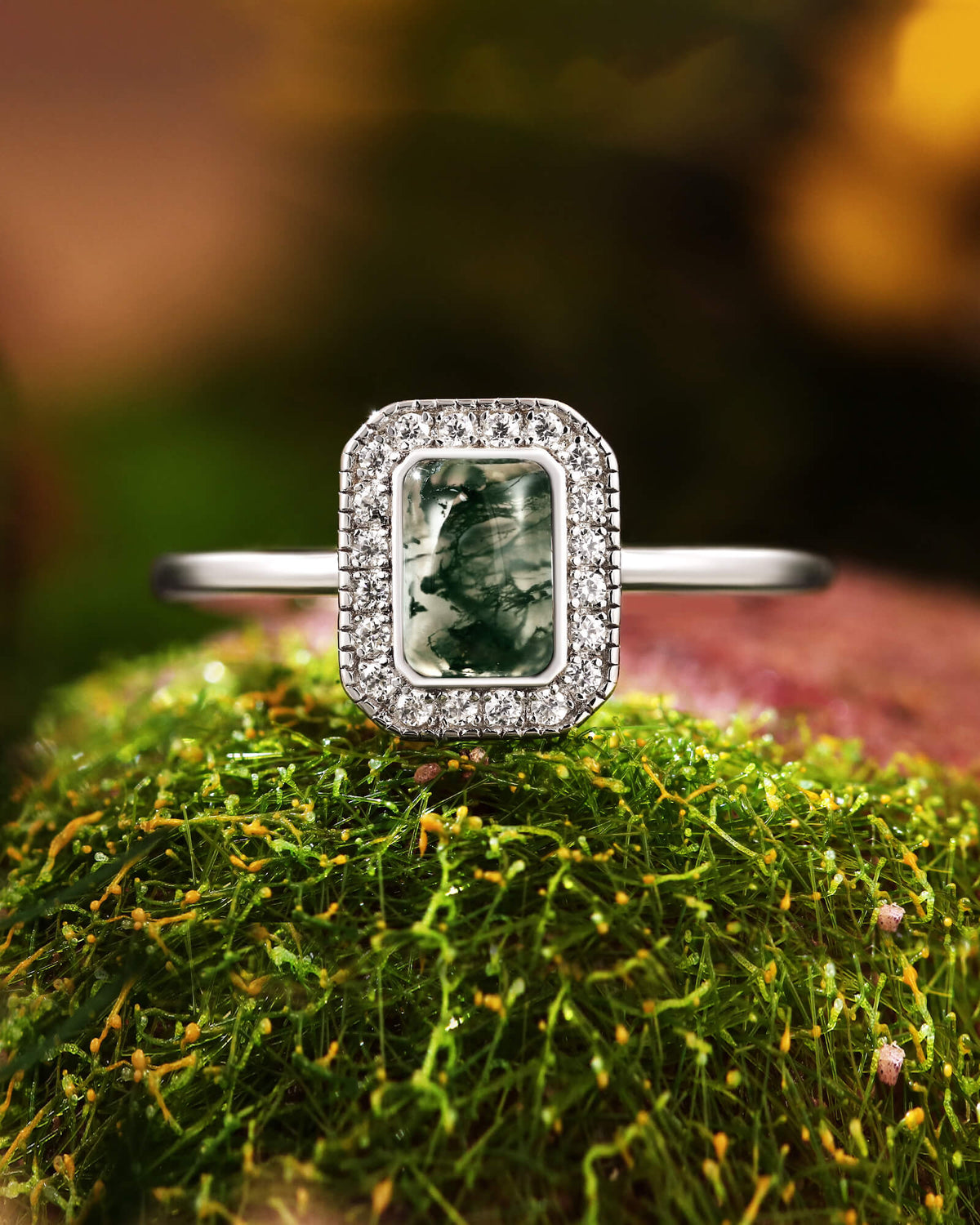Emerald Shaped Solitaire Promise Ring Bezel Halo Moss Agate Engagement Ring