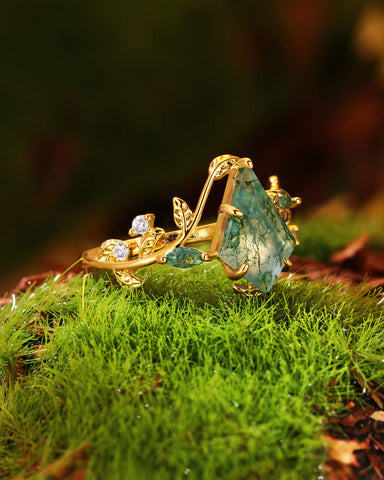 CORALIE Leaf Wrap Kite Cut Moss Agate Engagement Ring