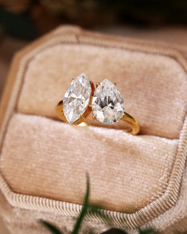JOY Marquise & Pear Cut Moissanite Two Stone Engagement Ring