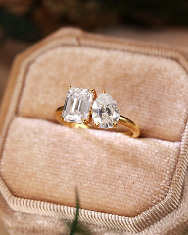ALMA Pear and Emerald Cut Moissanite Diamond Toi et Moi Engagement Ring