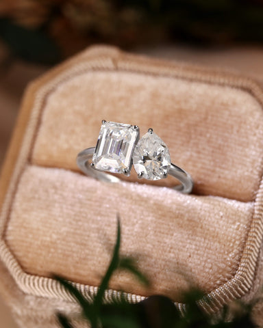 ALMA Pear and Emerald Cut Moissanite Diamond Toi et Moi Engagement Ring