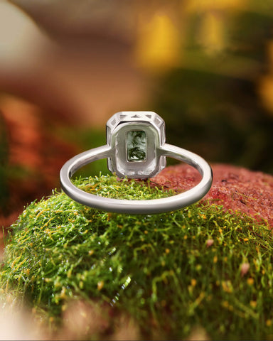 Emerald Shaped Solitaire Promise Ring Bezel Halo Moss Agate Engagement Ring