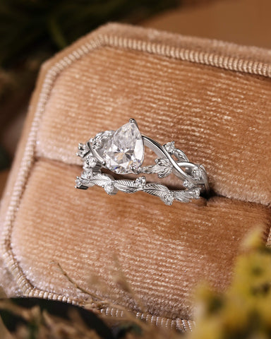 JENNA Pear Cut Moissanite Bridal Ring Set Nature Inspired Leaf Ring