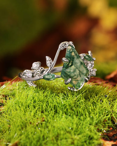 CORALIE Leaf Wrap Kite Cut Moss Agate Engagement Ring