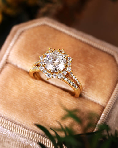 JASMINE Round Halo Moissanite Bridal Ring Set with Pave Band