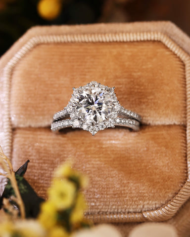 JASMINE Round Halo Moissanite Bridal Ring Set with Pave Band