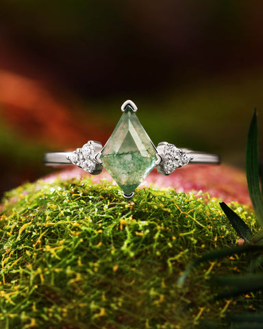 ELODIE One Of A Kind Kite Cut Moss Agate Engagement Ring